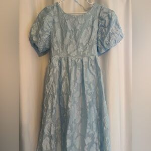 Elegant Blue Floral Puff Sleeve A-Line Midi Dress